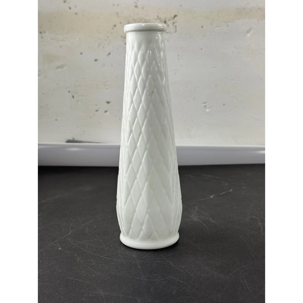 EO Brody Co White Milk Glass Bud Vase Diamond Quilted Pattern 9 Inch USA Made